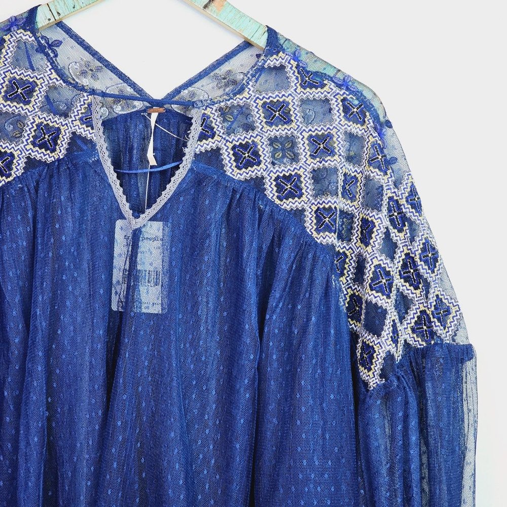Free People Blue Gold Joy Ride Sheer Embroidered Poet Sleeve Top, Sz M, NWT $148 - Picture 5 of 10
